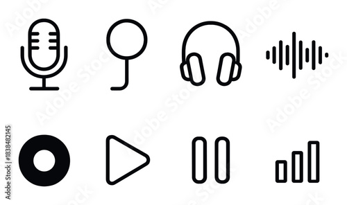 Music and audio icons set featuring microphone headphones and sound wave
