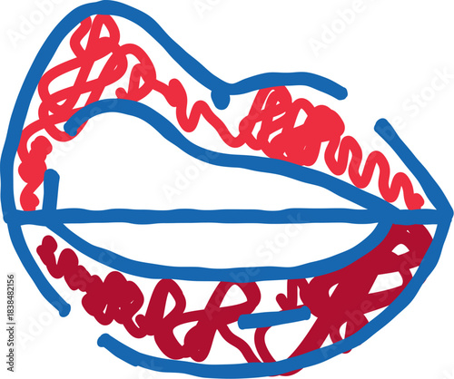 Abstract doodle drawing of open lips with red filling