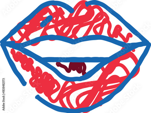 Hand drawn lips with red scribble filling a doodle drawing