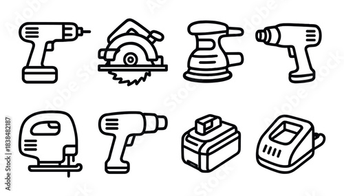 Set of black power tool icons on dark background