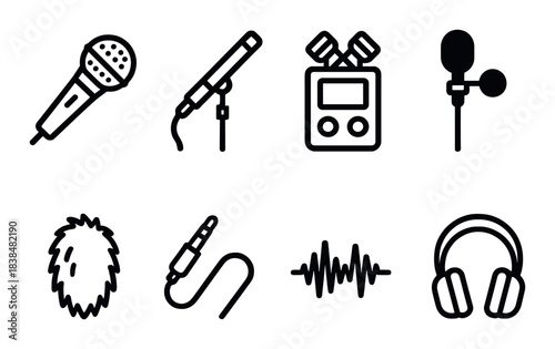 Audio equipment icons: microphones, headphones, cables, and sound waves
