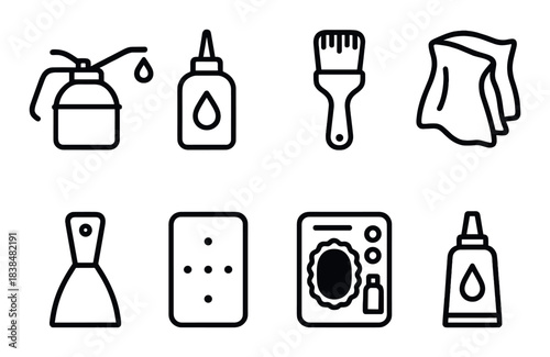 Set of black spray bottle, glue, brush, cloth, air freshener, dots, mirror, gel tube icons