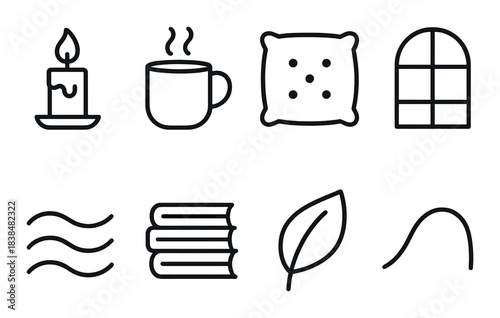 Cozy symbols: candle, hot drink, pillow, window, breeze, books, leaf, curve
