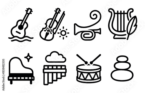 Musical instrument icons: guitar, violin, trumpet, lyre, piano, drum, pan flute, rock stack