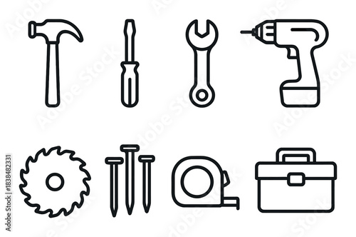 Outline of essential tools on dark background: hammer, screwdriver, wrench, drill