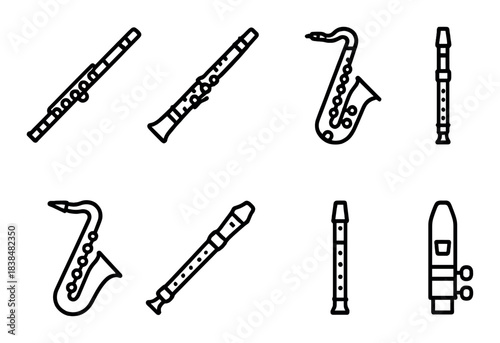 Woodwind instrument icons: flute, clarinet, saxophone, recorder, oboe collection