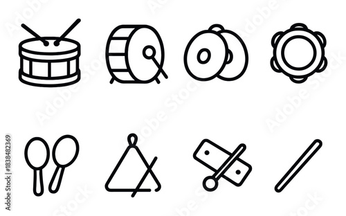 Set of eight silhouette musical percussion instruments icons