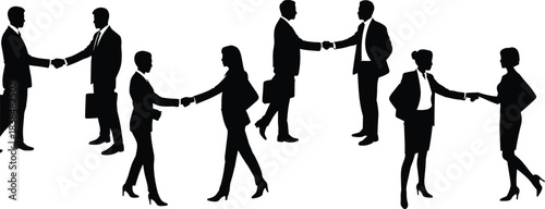 Silhouette business professionals shaking hands and greeting, corporate teamwork partnership and communication figures for branding, presentations, and design use