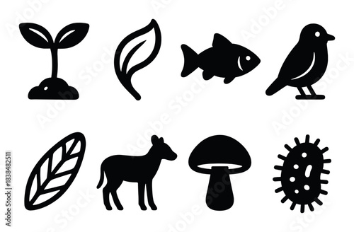 Nature silhouettes: sprout, leaf, fish, bird, leaf, animal, mushroom, microbe icons