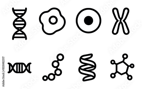 Dna and molecular biology icons set featuring chromosomes and molecules