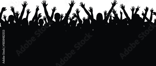 Silhouette cheering crowd with raised hands, energetic audience celebrating together, concert festival party atmosphere for creative design use