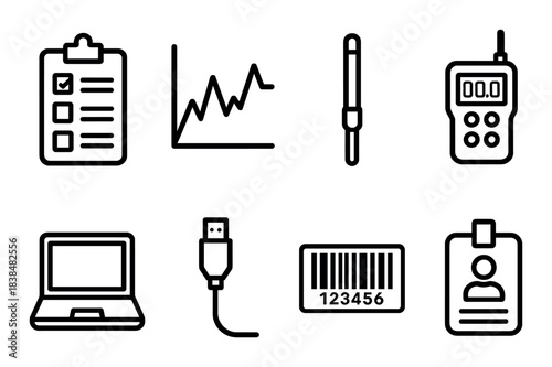 Barcode and technical icons on dark background