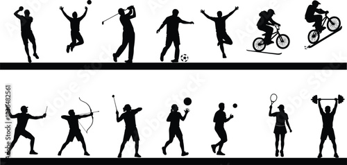Silhouette collection of athletes performing various sports including soccer, tennis, archery, cycling, golf, weightlifting and more for design use