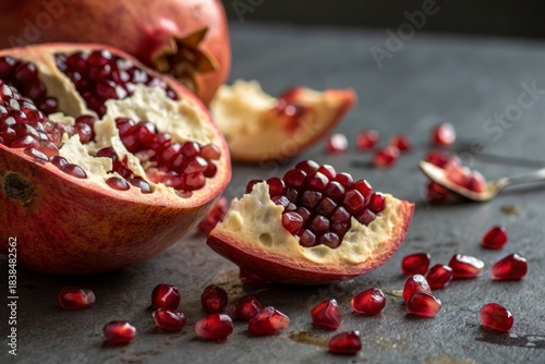 Luxury Food Photography – Garnet Split with Crystalline Arils, Dramatic Light, Soft Pink Bokeh
