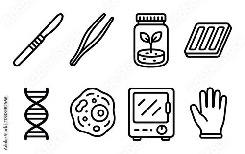Laboratory equipment icons featuring scalpel, tweezers, petri dish, dna helix, laboratory glove