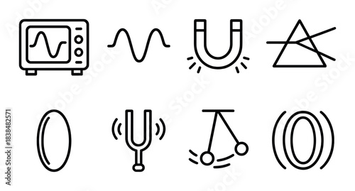 Set of physics icons: magnet, oscilloscope, waves, and pendulum