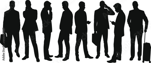 Silhouette collection of business men standing, walking, using phones and carrying luggage, modern corporate professional poses for design projects