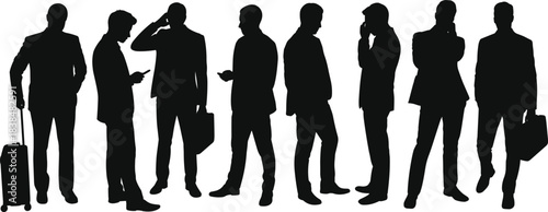 Silhouette collection of business men standing, walking, talking, and using phones, modern corporate professional figures for design projects