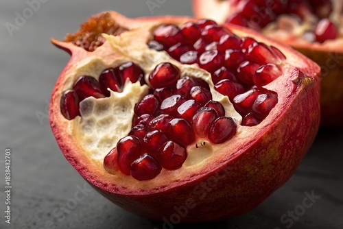 Rich Pomegranate Macro – Light Passing Through Flesh, Dramatic Side Lighting, Luxury Color Grade