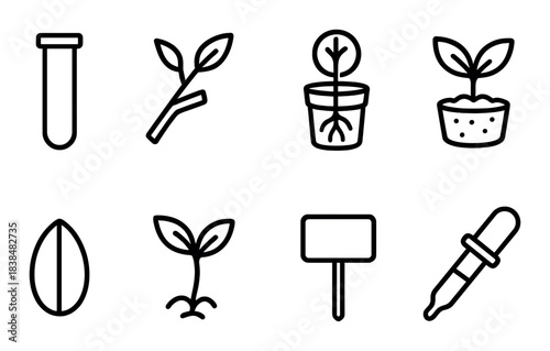 Seedling and gardening tools icons on black background