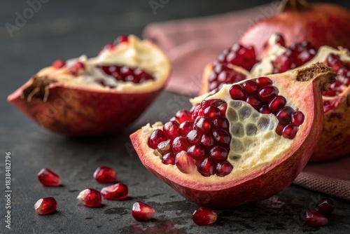 High-End Food Photography – Split Pomegranate with Crystalline Seeds, Luxury Editorial Aesthetic