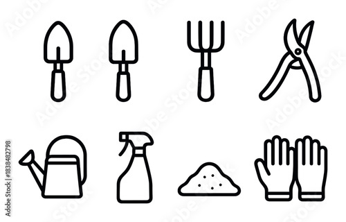 Gardening tools icons set with trowel, fork, shears, watering can, sprayer, gloves