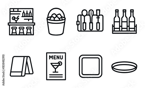 Minimalist bar icons set with drinks, menu, and glassware in gray tones