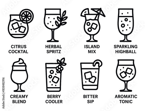 Assorted cocktail icons featuring citrus, herbal, island, sparkling, creamy, berry, bitter, aromatic drinks
