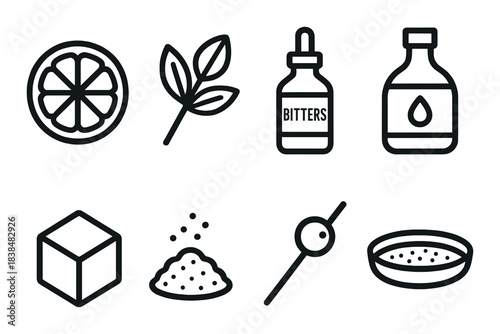 Citrus, herbs, bitters, syrup, sugar, stirrer, strainer icons on dark background