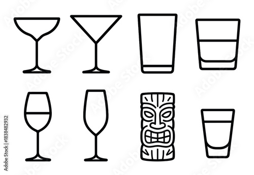 Silhouettes of various glasses and tiki icon on dark background