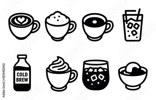 Assorted coffee icons featuring espresso, cappuccino, and cold brew