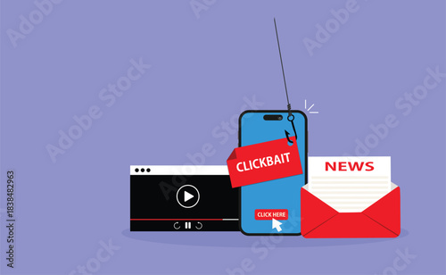 Clickbait message.Clickbait concept with smartphone and fishing hook on message
