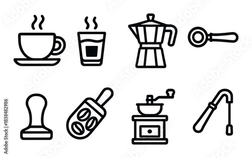 Coffee equipment icons: espresso, moka pot, grinder, tamper, and cup