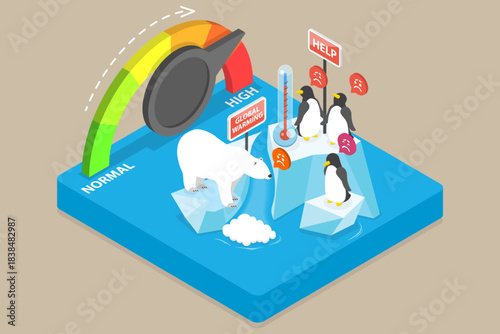 3D Isometric Flat Vector Illustration of Global Warming, Penguins And Polar Bears Worried About Melting Glaciers