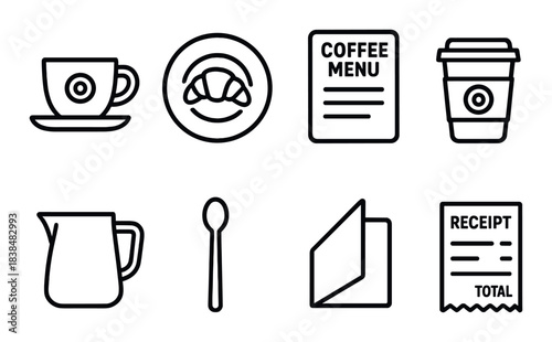 Coffee shop icons: cup, croissant, menu, to-go cup, creamer, spoon, receipt