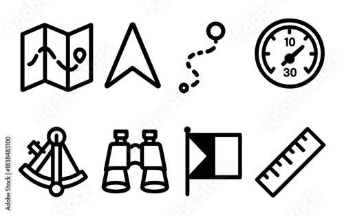 Navigation icons set: map, compass, binoculars, gauge, ruler