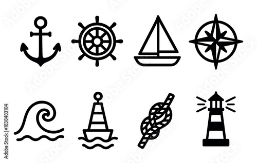 Nautical icons: anchor, ship wheel, sailboat, compass, wave, buoy, knot, lighthouse