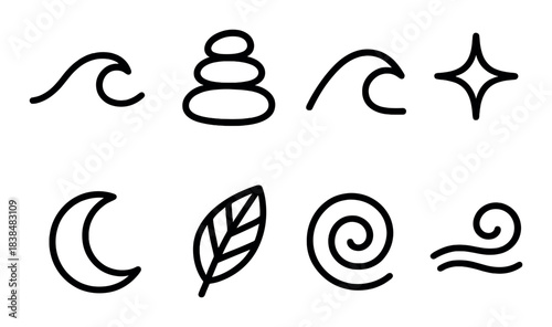 Minimalist black nature icons on olive green background