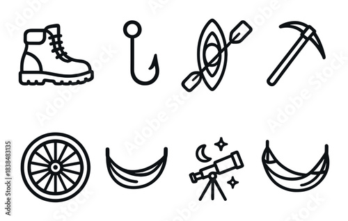 Outdoor adventure icons: boot, hook, kayak, pickaxe, wheel, hammock, telescope