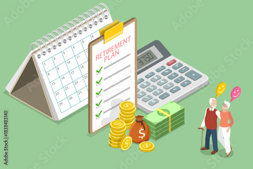 3D Isometric Flat Vector Illustration of Retirement Plan, Economy and Wealth