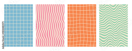 Groovy retro pattern set. Grid and flowing mesh wave line designs in soft yellow, mint green and baby blue. Vintage 60s 70s psychedelic Y2K aesthetic textures.