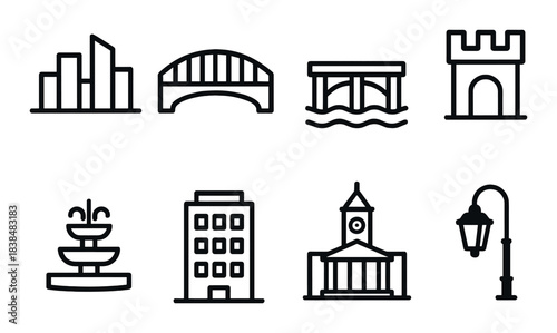 Minimalist black icon set of city buildings and structures on dark background