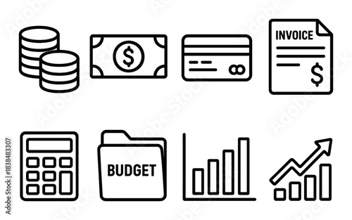 Financial icons set featuring cash, credit card, invoice, calculator, and budget folder