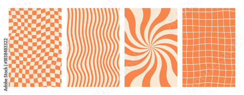 Psychedelic y2k aesthetic textures background set. Orange high contrast swirl, twisted distorted checkerboard, wavy optical illusion patterns. Retro trippy 60s 70s Y2K design pack.