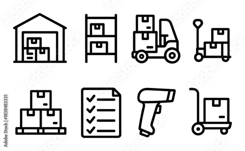Warehouse equipment icons: storage, forklift, inventory management tools