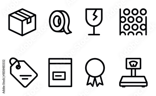 Shipping and packaging icons: box, tape, fragile, barcode, tag, bag, badge, scale