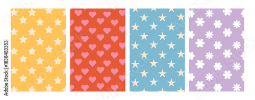 Retro cute background. Minimal Y2K star background, flowers wallpaper, pink love heart texture background. Vintage 70s digital texture for posters, covers or wallpapers.