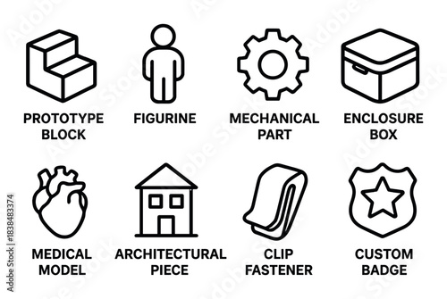 Icons of prototype block, figurine, mechanical part, and enclosure box on black background