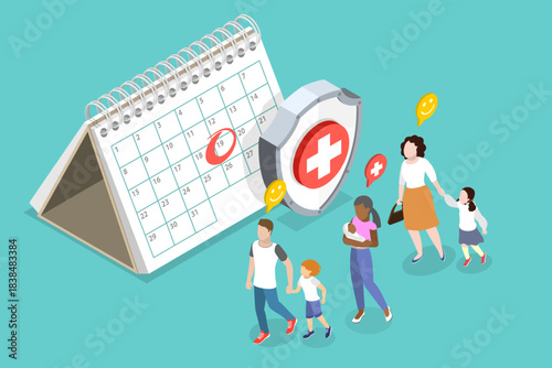 3D Isometric Flat Vector Illustration of Childhood Vaccines, Awaiting Immunization By Large Rounded Date On Calendar