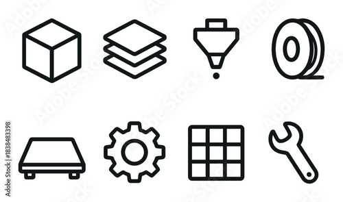 Minimalistic black icons for 3d printing and manufacturing tools